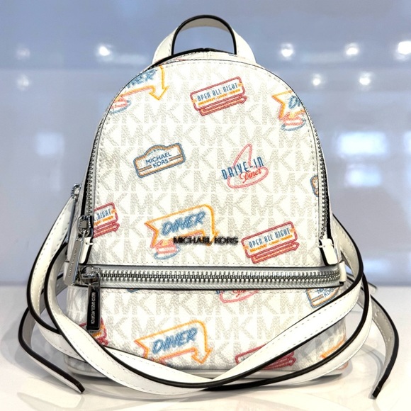 Michael Kors Rhea Extra-Small Printed Signature Logo Backpack Optic White - Picture 2 of 10